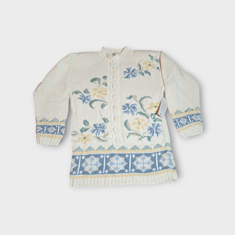 Karen Scott Vintage Hand Knit  Sweater Cottage Core Floral Shoulder Pads  Sz M